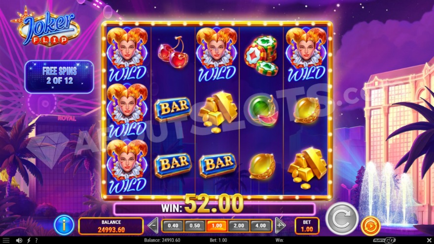 Bonus game with free spins showing five wild symbols on the reels