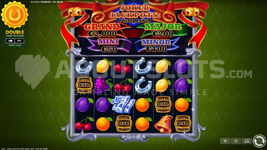 Joker Jackpots Prize Mania base game with jackpot prizes displayed above reels