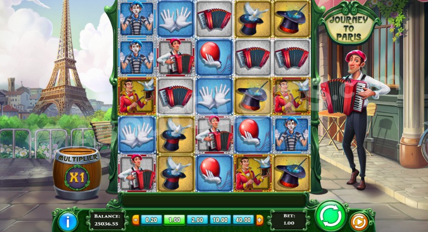 Base game with the Eiffel Tower visible to the left of the reels.