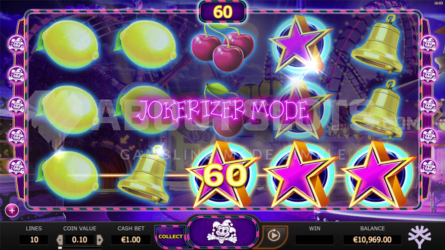 Base game with activated Jokerizer mode showing a win from three matching star symbols
