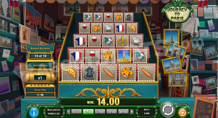 Bonus game with free spins showing various French-themed symbols on the reels.