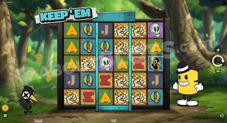 Base game with Kenny Bank character on the right side of the reels