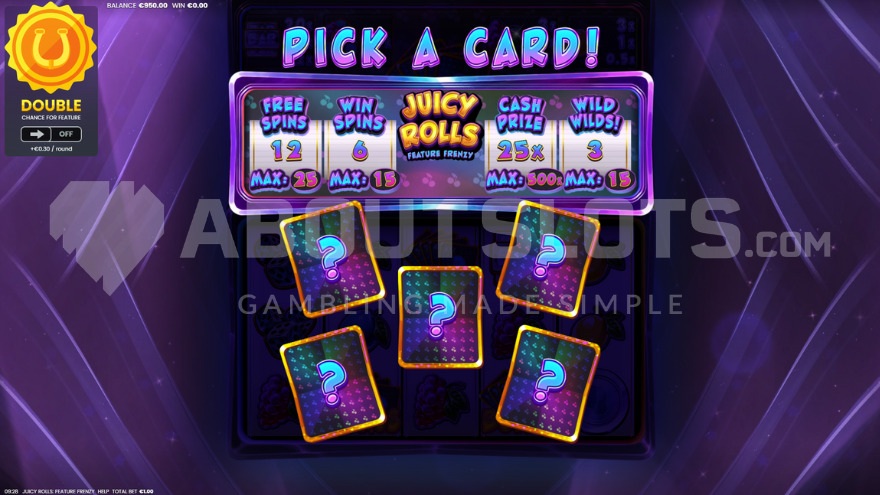 Juicy Rolls Feature Frenzy bonus selection with 5 options