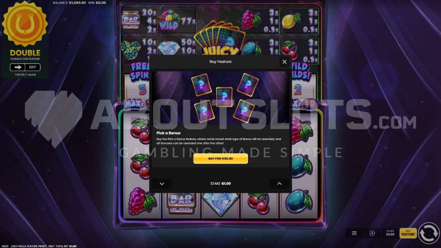 Juicy Rolls Feature Frenzy Feature Buy option showing 50X stake