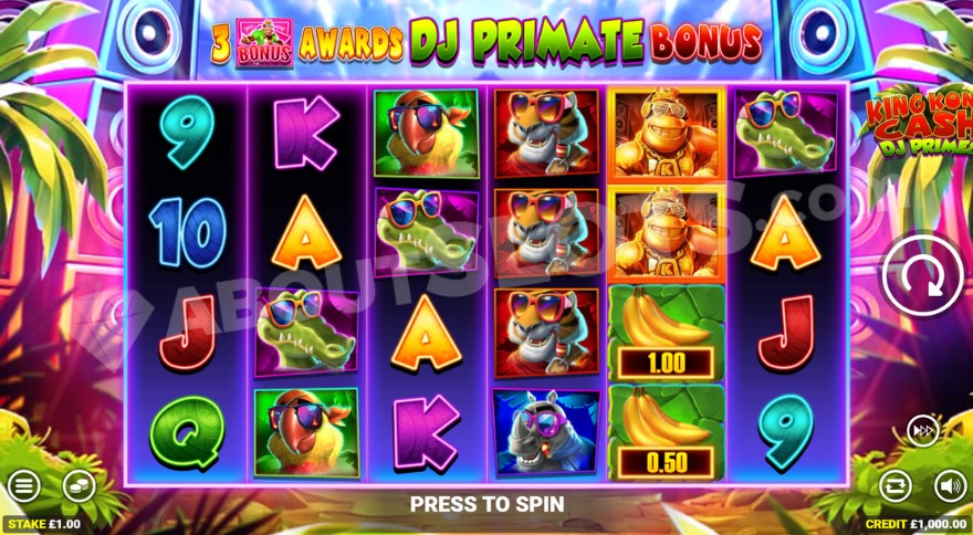 Base game with two golden Kong symbols on the fifth reel
