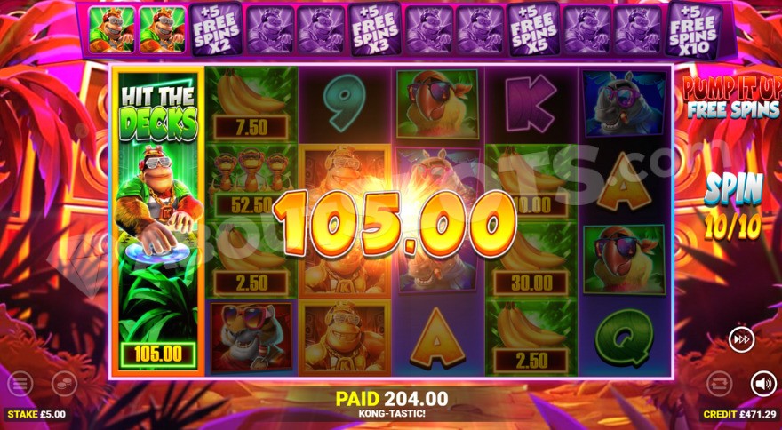 Pump it up free spins mode activated with two collected Kong symbols