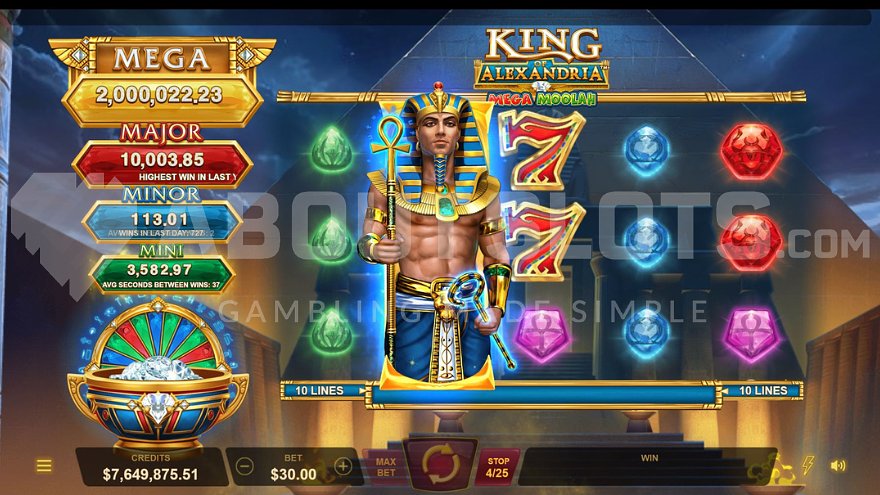King of Alexandria Mega Moolah respin feature with expanded wilds