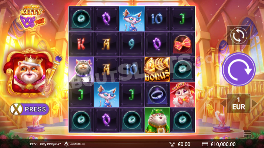 Main game screen with the cat king on the left side.