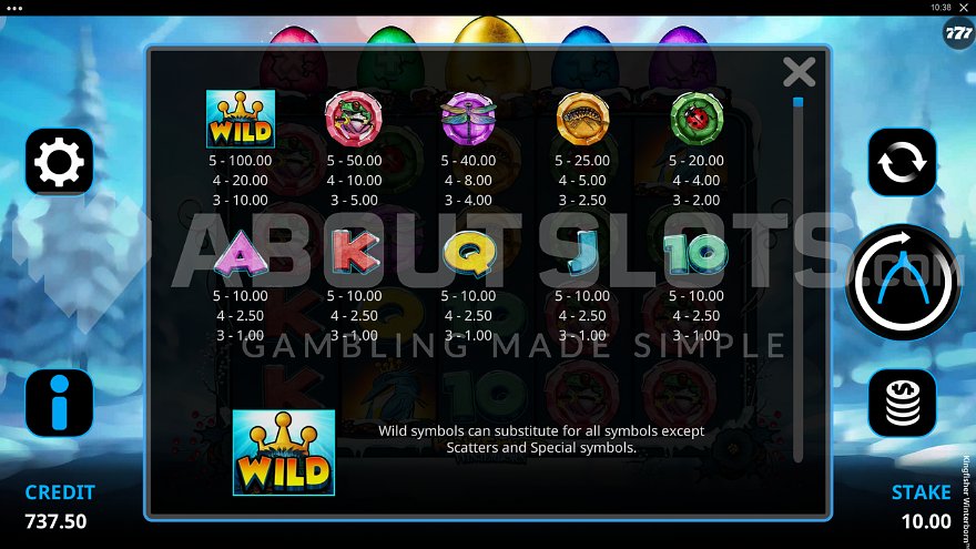 Kingfisher Winterborn paytable showing game symbols and their values