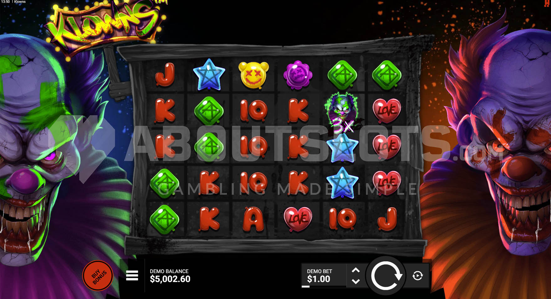 Base game showing two horror clowns on either side of the grid and various symbols on the reels