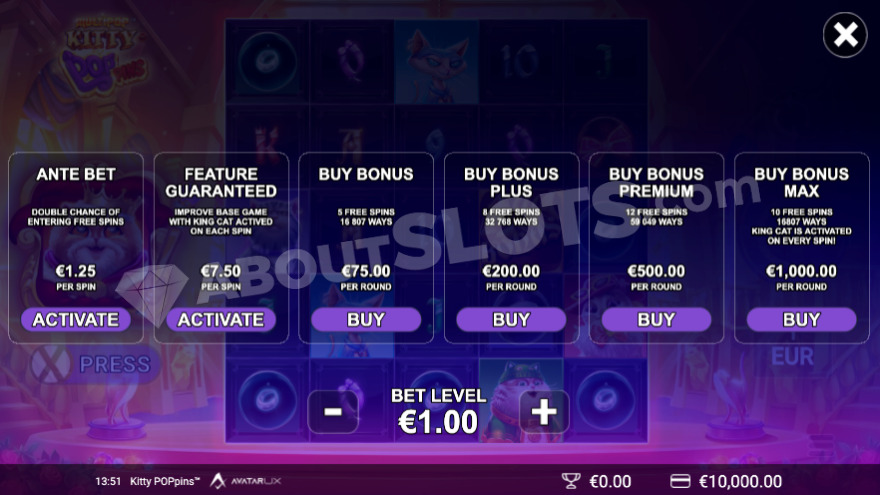 Bonus buy feature screen showing 6 different options.