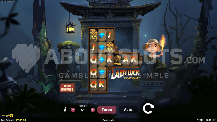 Base game set in dark jungle with Lady Luck lurking beside the reels