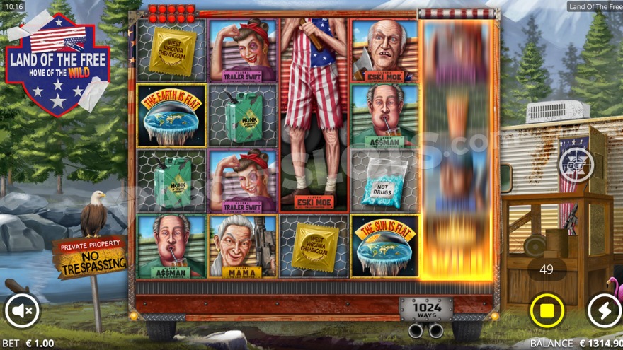 Land of the Free slot game interface showing the Langford family