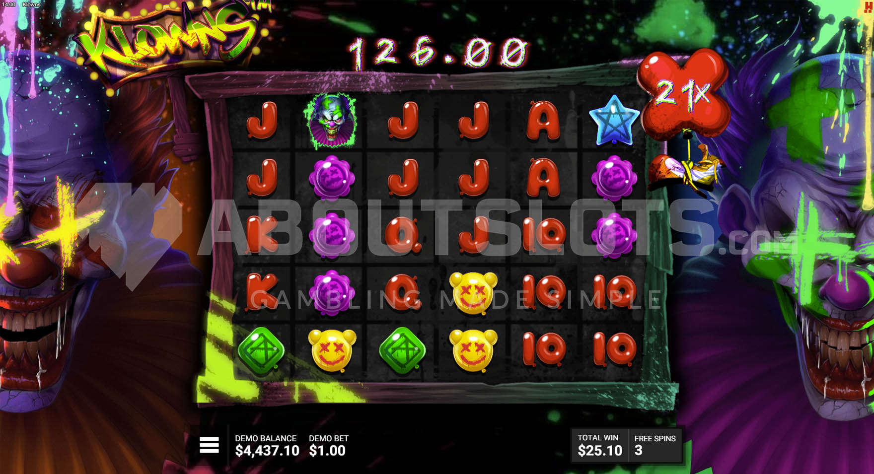 Bonus round in progress with x21 multiplier and large win of 126.00