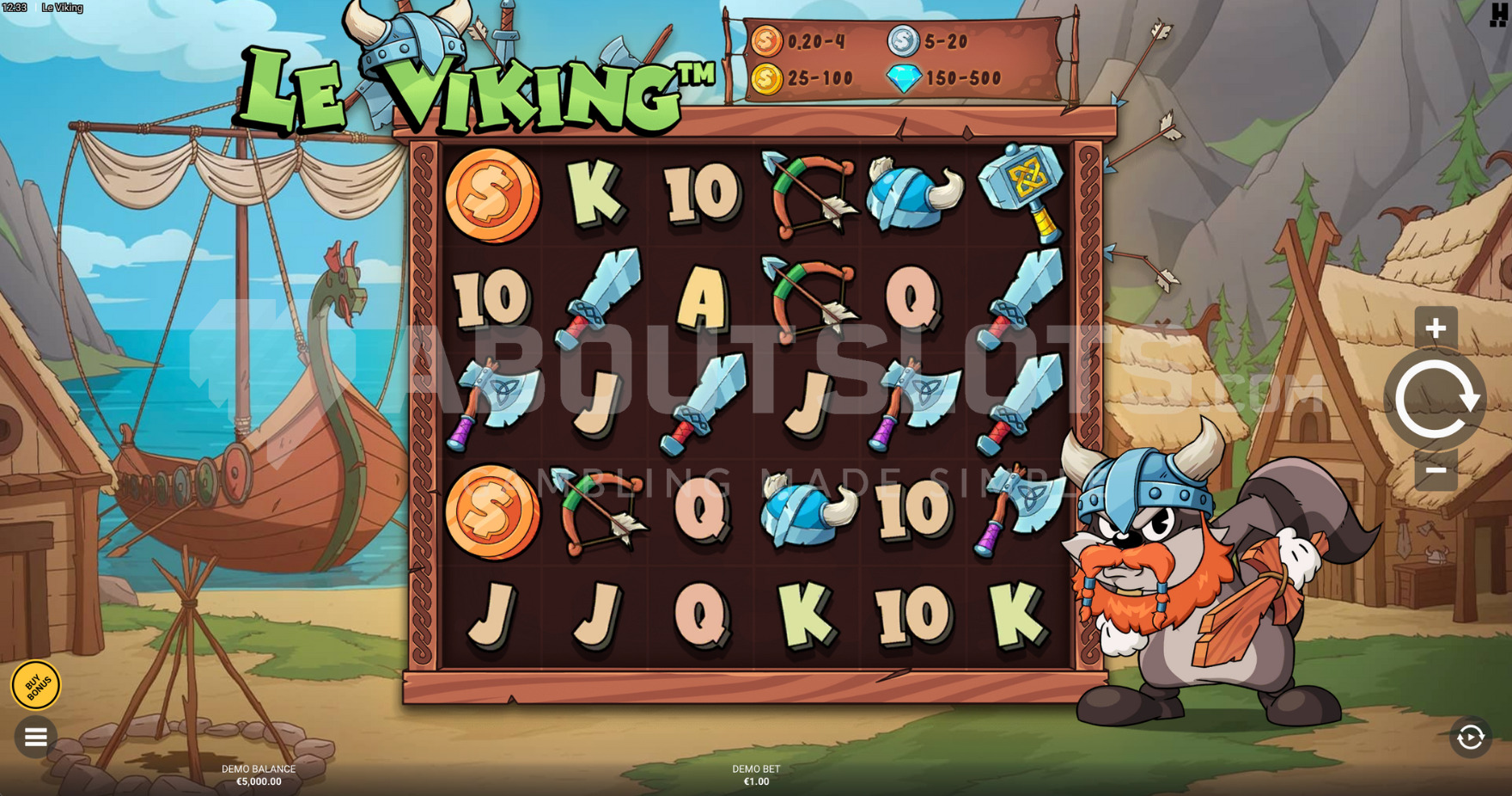 Base game of Le Viking slot with Smoky standing to the right of the reels