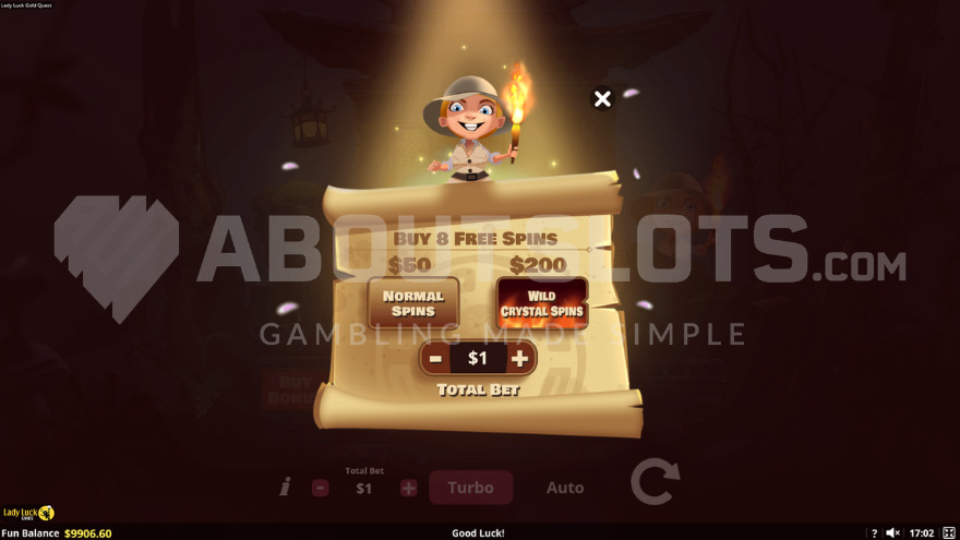Lady Luck holding a sign in front of the reels with Feature Buy options