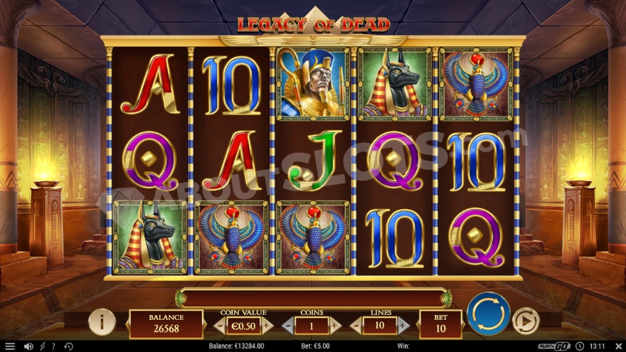 Base game view of Legacy of Dead slot showing the tomb interior background