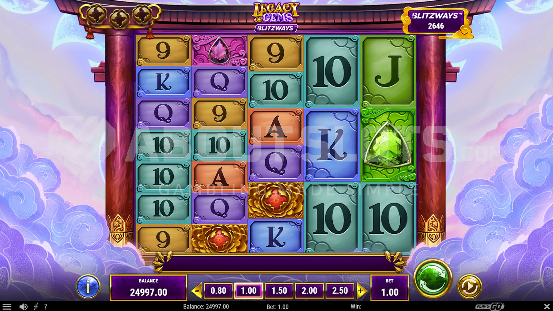Base game showing a 5-reel grid set in Japanese gates against a cloud background