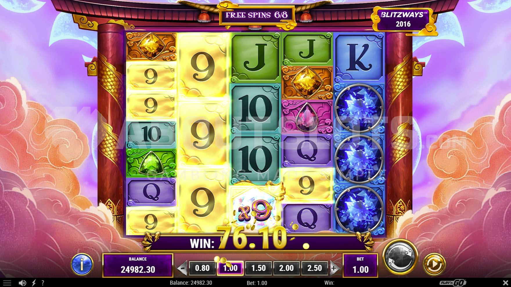 Free spins bonus in progress showing a win with a combination of 4 matching symbols and a x9 multiplier from the Wild symbol