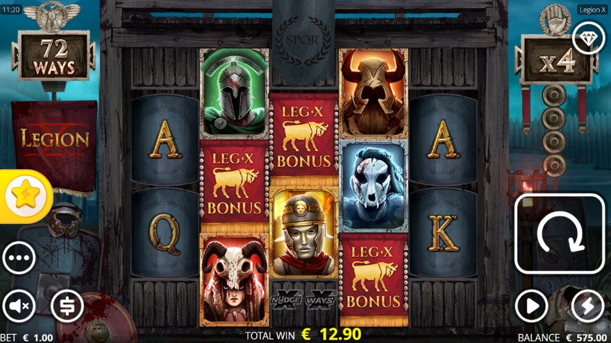 Legion X slot main game screen showing Roman warriors