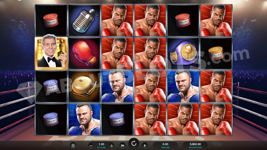 Main game screen of Let's Get Ready To Rumble slot with boxing ring in background.