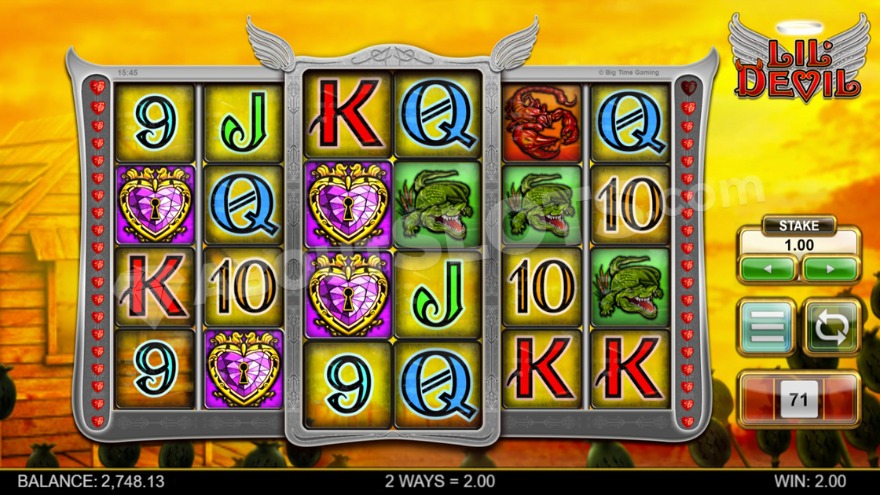 Lil' Devil slot main game screen showing the devilish theme and sunset background