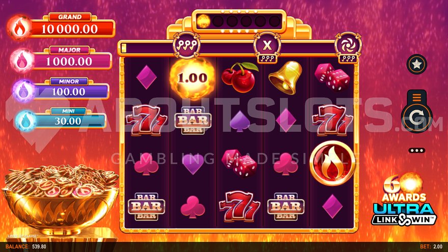 Slot machine with flames on top showing the base game