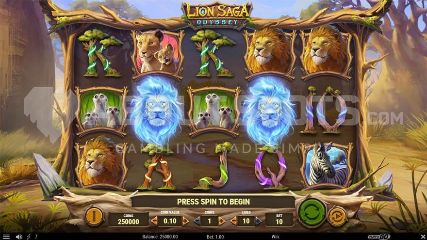 Base game with two blue lion symbols on the reels