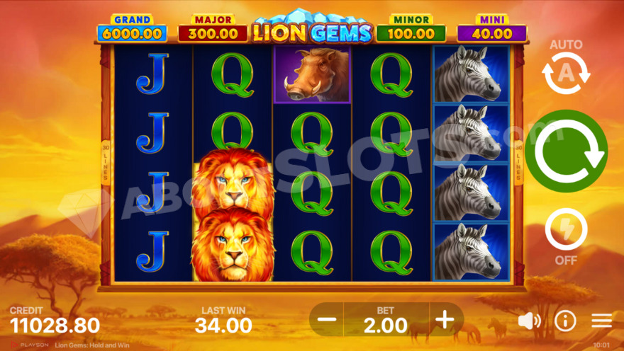 Base game of Lion Gems slot with savanna in the background