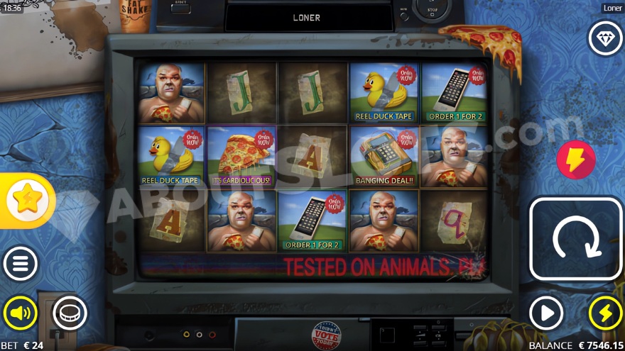 Loner slot main screen with TV theme and game layout
