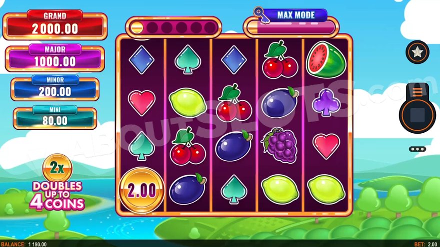 Five reels of the slot against a background with a lake and green islands.
