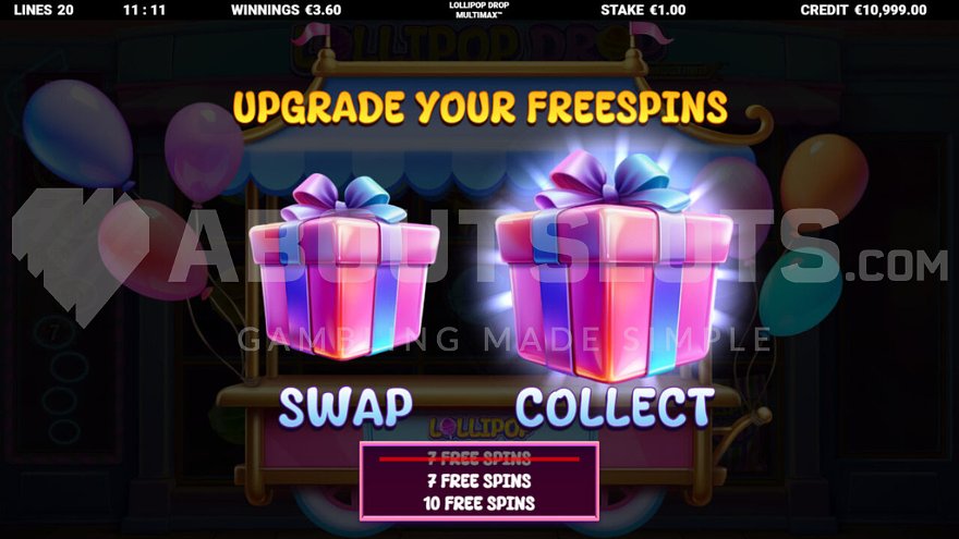 Selection screen with two gift boxes where player chooses one or switches to another