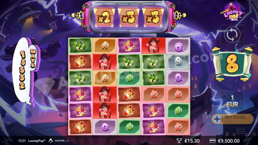 Bonus game with ZapReel showing multiplier symbols.