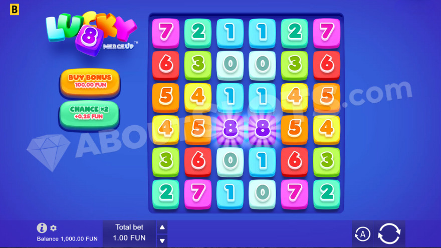 Base game displaying colorful symbols with different numbers on blue background