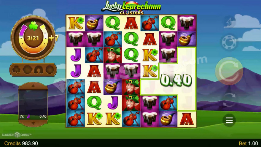 Lucky Leprechaun Clusters gameplay screen showing game grid and Irish landscape