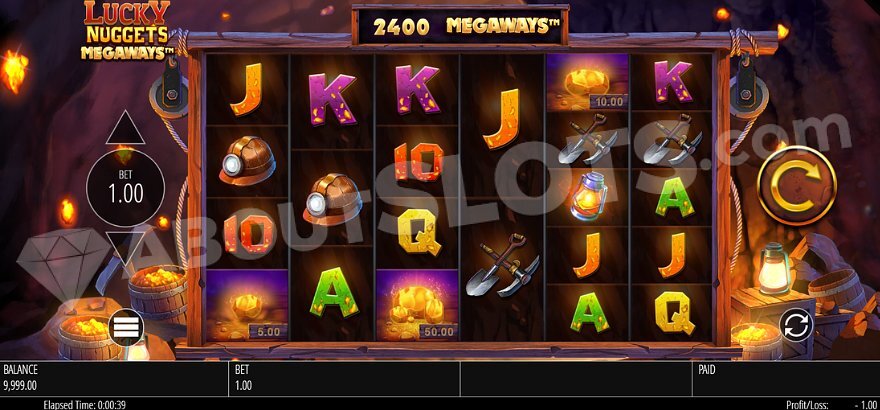 Lucky Nuggets Megaways slot main game screen showing gold mining theme