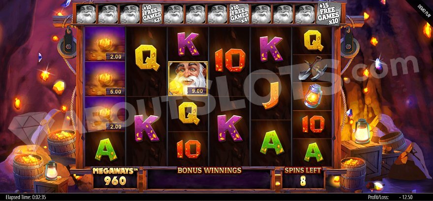 Lucky Nuggets Megaways free spins feature with wild prospector symbol