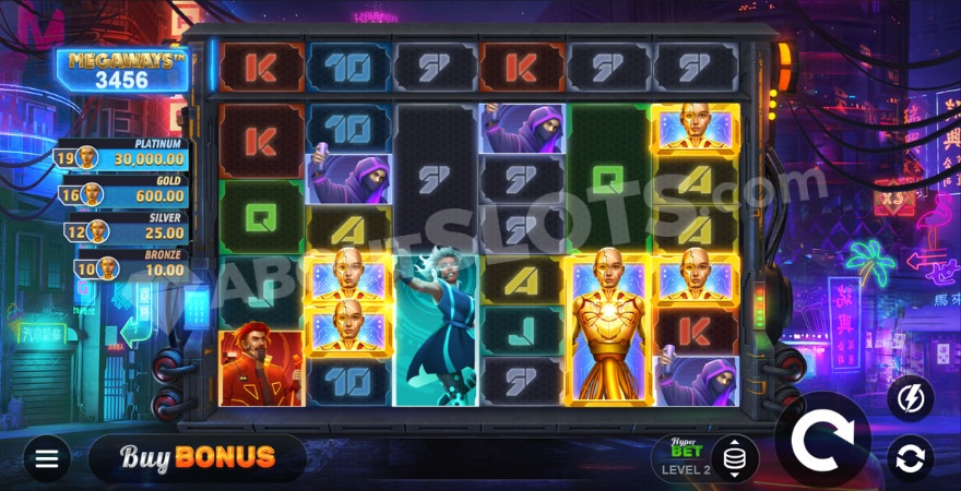 Machina Reloaded Megaways slot main screen with futuristic cityscape background
