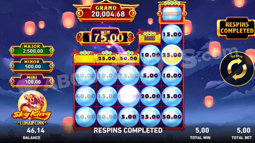 Win of 175 in the Hold and Win feature with multiple moon symbols.