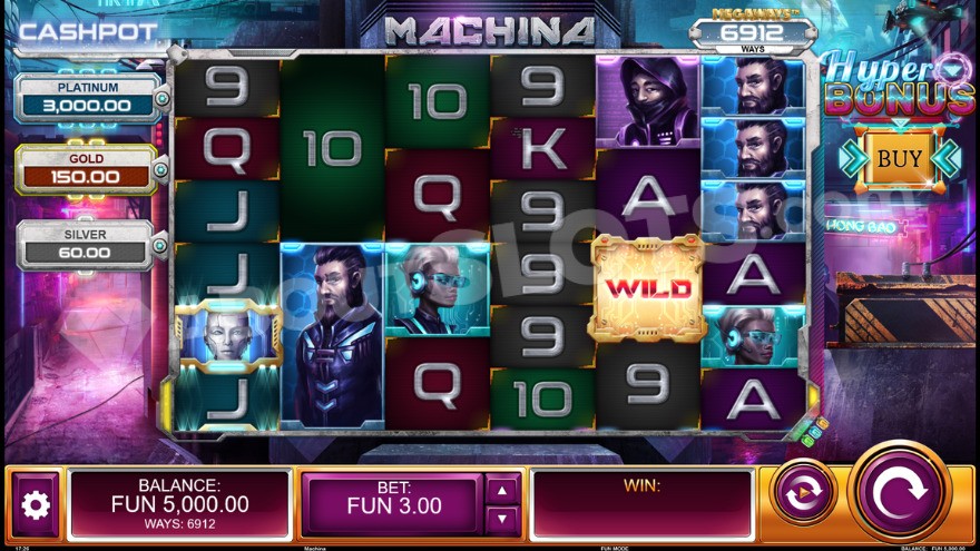 Base game of Machina slot with jackpot prizes displayed to the left of the reels.