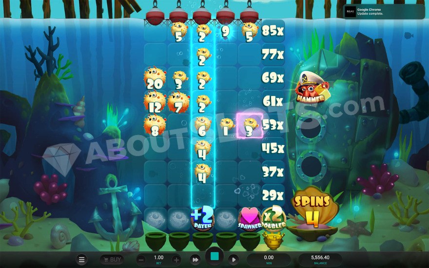 Bonus game display showing various symbols on the reels