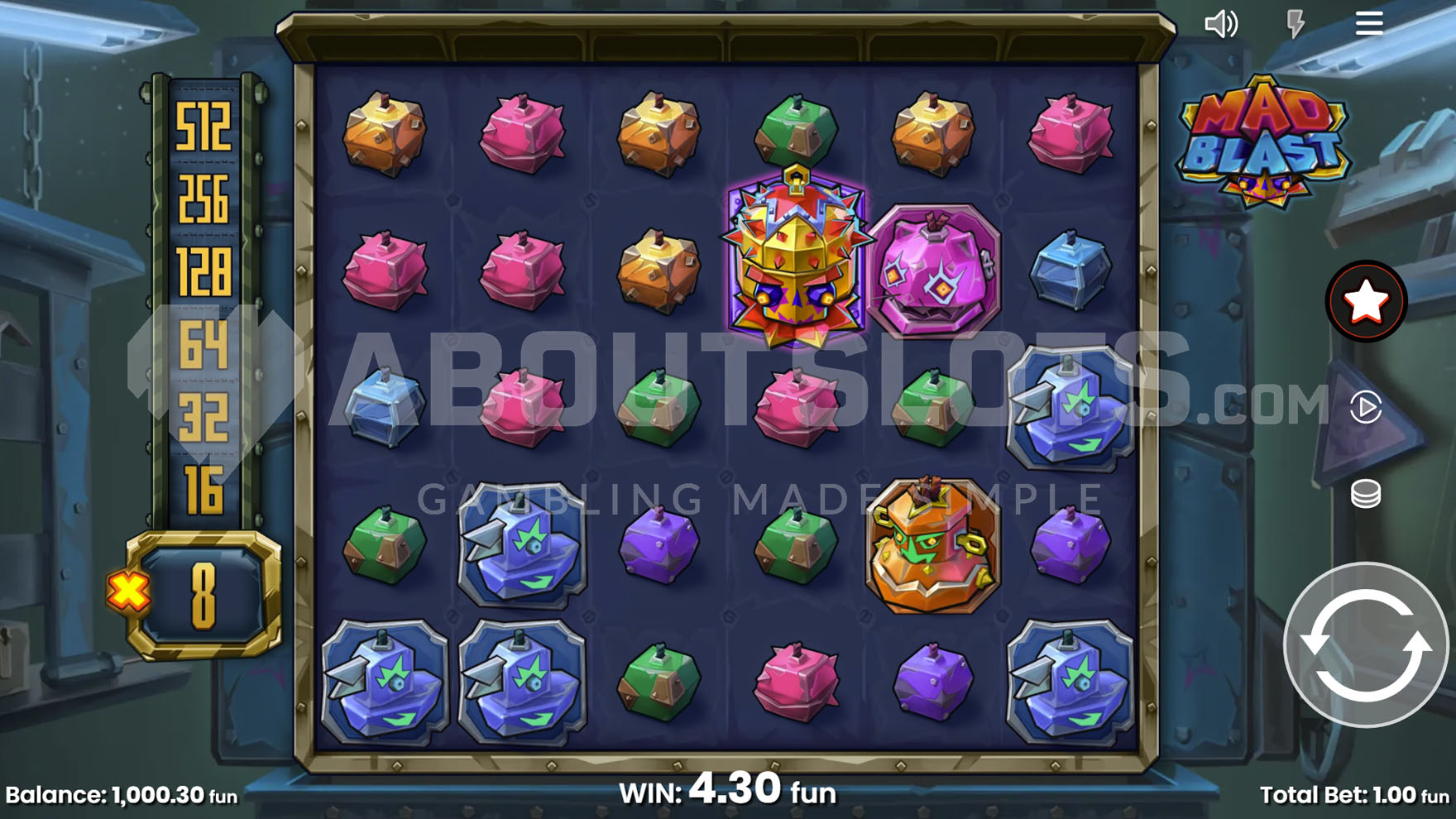 Base game view with 6x5 grid against workshop background. Multiplier meter has reached x8 value.
