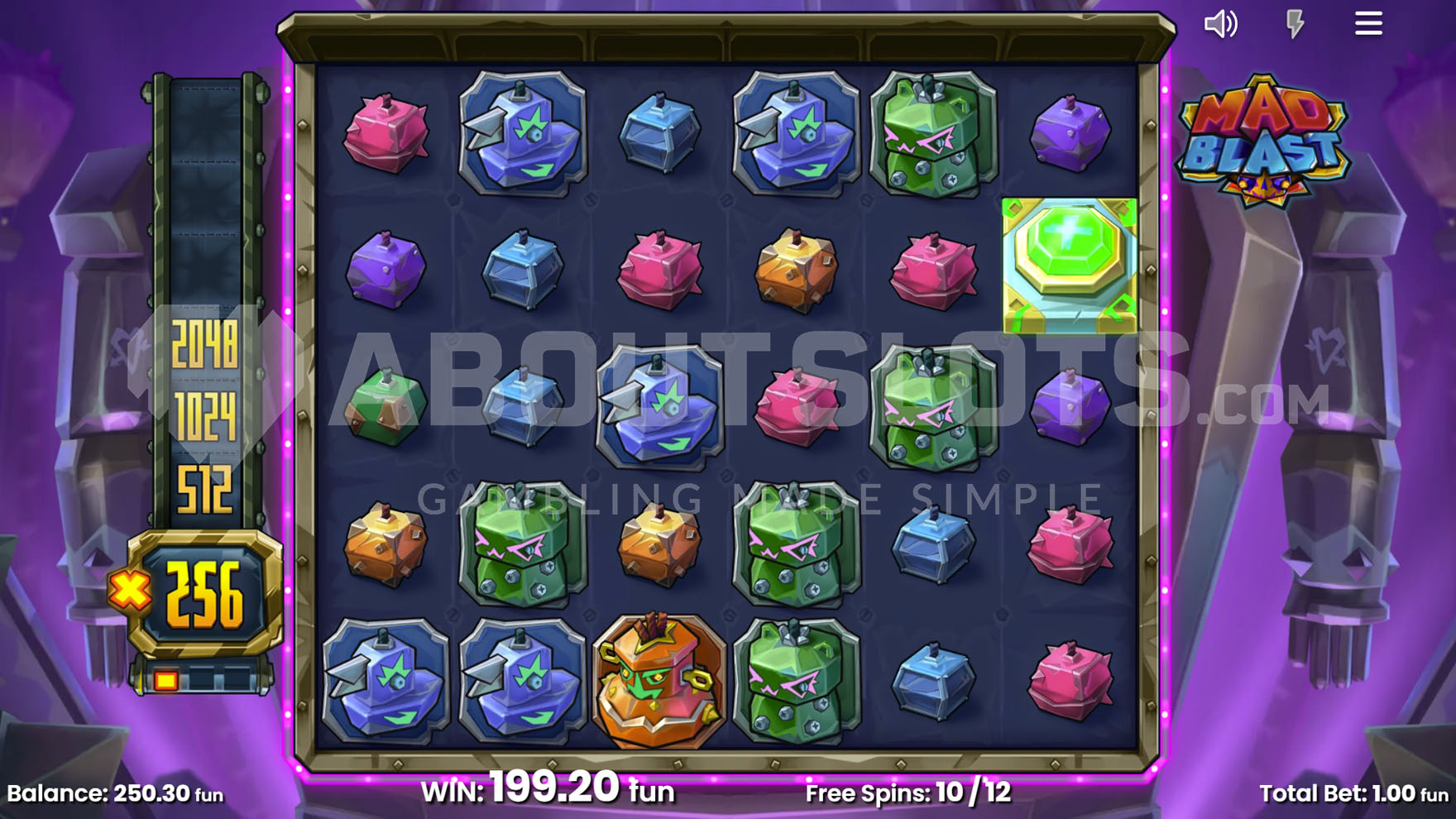 Active free spins bonus with several removed multiplier levels, showing a current multiplier of x256 in progress.