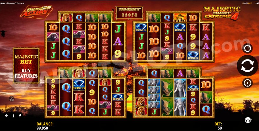 Majestic Megaways Extreme 4 slot main game screen showing four game fields in African savanna setting