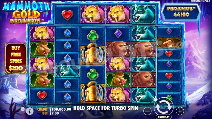 Base game screen of Mammoth Gold Megaways slot showing the prehistoric theme
