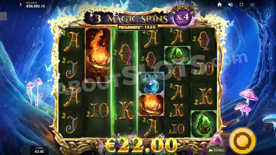 Magic Spins bonus game with 4X multiplier and enchanted reels activated.