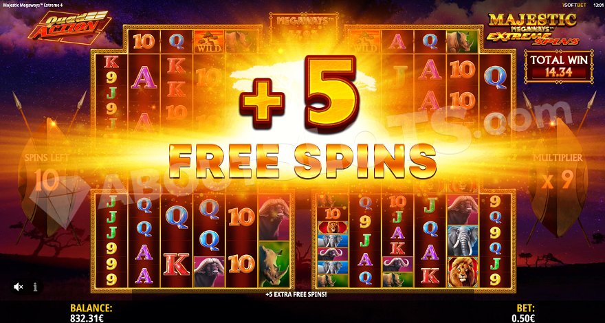 Free spins bonus round in Majestic Megaways Extreme 4 showing multiplier feature