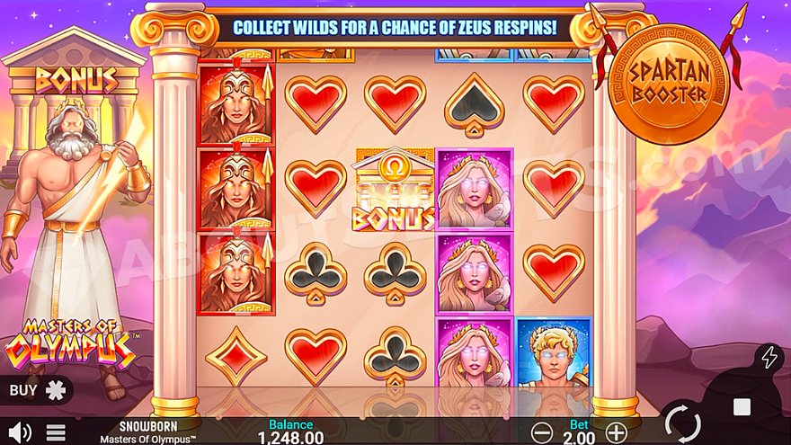 Masters of Olympus slot main screen showing Zeus and the gaming grid