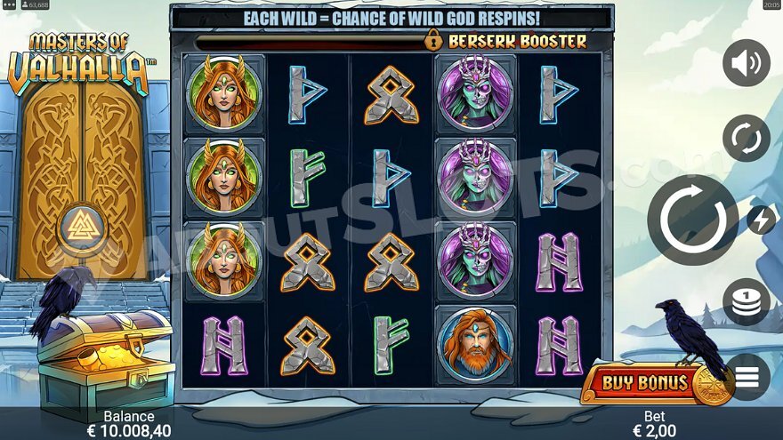 Masters of Valhalla slot main screen showing Norse gods and game layout