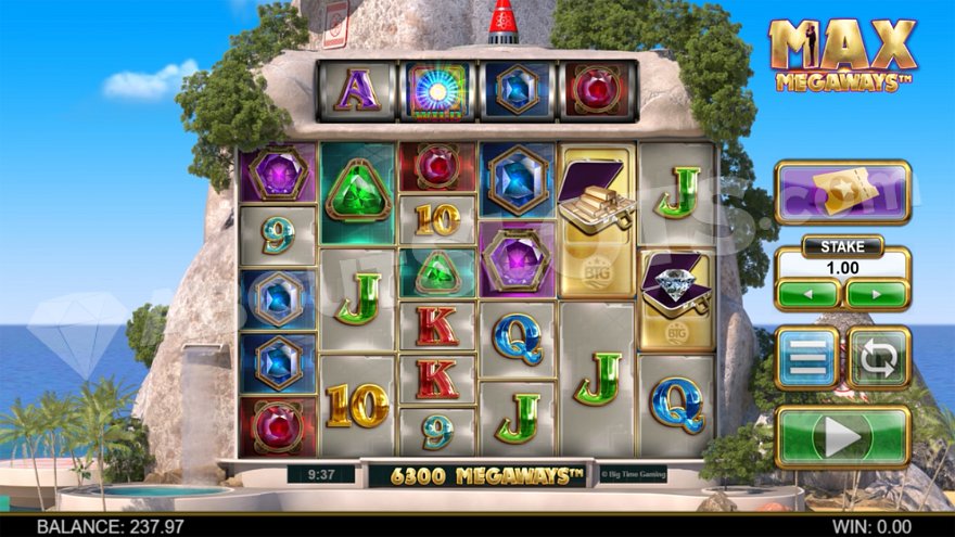 Max Megaways slot main game screen showing the reels set against a rock formation